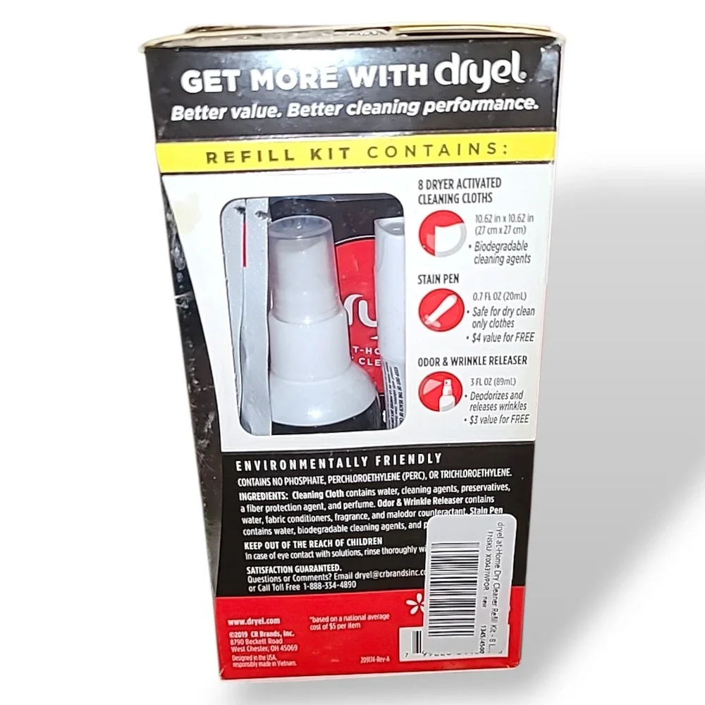 Dryel At Home Dry Cleaner Refill Kit NOS 8 Cloths Stain Pen‎ Wrinkle Spray